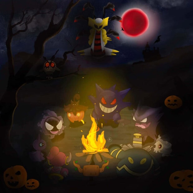 This Pokemon Halloween Wallpaper features ghost-type Pokemon gathered around a campfire under a dark forest and a blood-red moon