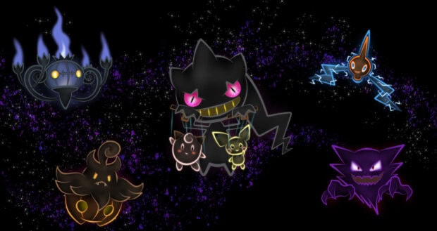 This Pokemon Halloween wallpaper displays various ghost type Pokemon like Banette and Chandelure on a dark starry background