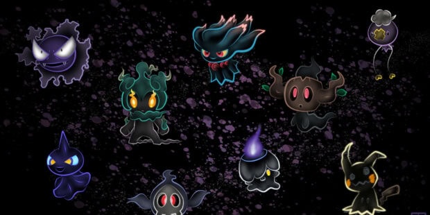 This Pokemon Halloween wallpaper showcases multiple ghost Pokemon like Marshadow and Mimikyu on a dark, splattered background