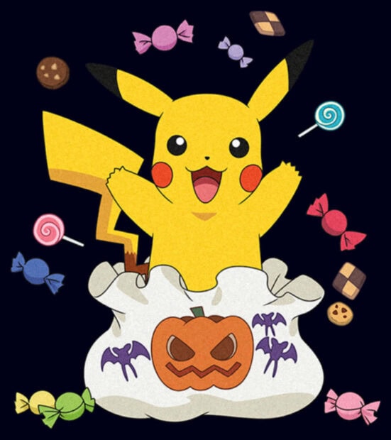 This Pokemon Halloween Wallpaper features a cheerful Pikachu emerging from a trick-or-treat bag, surrounded by colorful candies