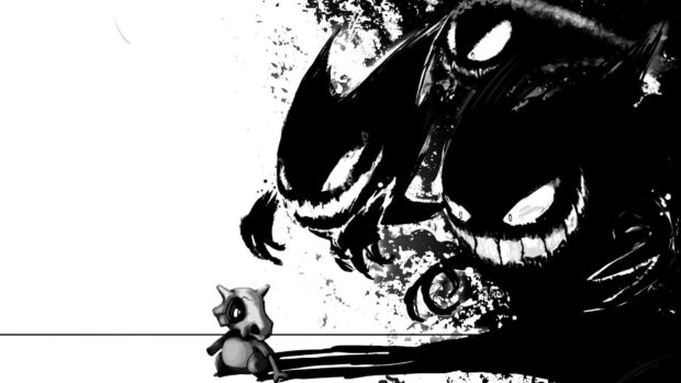 This artistic Pokemon Halloween Wallpaper depicts a small Cubone looking at large, menacing Gengar and Haunter shadows in black and white