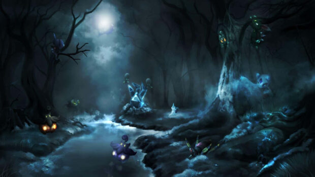 A spooky Pokemon Halloween wallpaper featuring ghost Pokemon in a dark forest with a glowing stream under moonlight