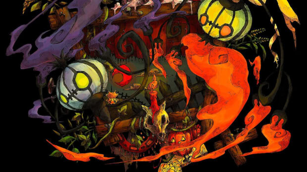 A dark artistic Pokemon Halloween wallpaper featuring spooky lanterns, a skull, and an orange ghost figure