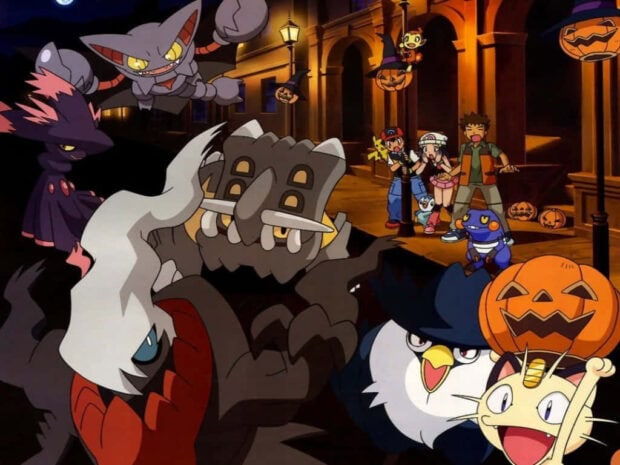 An epic Pokemon Halloween wallpaper showcasing Darkrai, Aggron, and other Pokemon with Ash and friends in a Halloween-decorated street