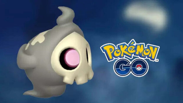 A Pokemon Halloween Wallpaper showing a cute Duskull character with the Pokemon GO logo on a blue background