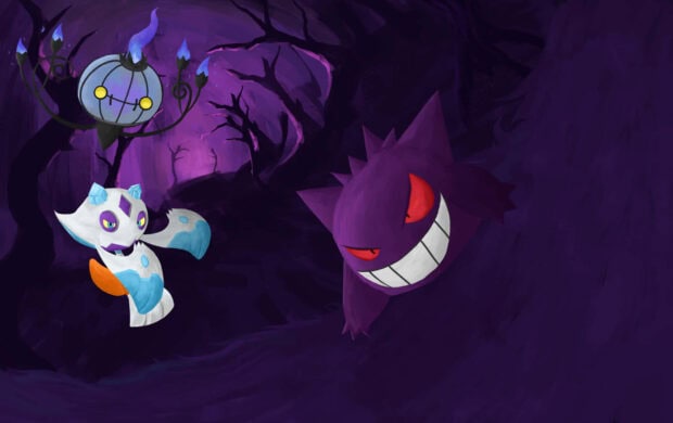 This Pokemon Halloween Wallpaper features Gengar, Chandelure, and Froslass in a dark, mystical purple forest