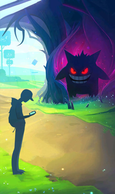 This artistic Pokemon Halloween Wallpaper shows a person looking at their phone while a spooky Gengar emerges from a glowing tree in the background