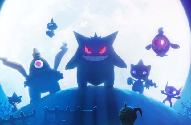 An iconic Pokemon Halloween wallpaper showcasing Gengar and other ghost Pokemon silhouetted against a large full moon