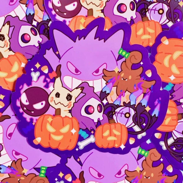 A vibrant Pokemon Halloween wallpaper featuring a collage of ghost-type Pokemon like Gengar and Mimikyu with pumpkins and candy