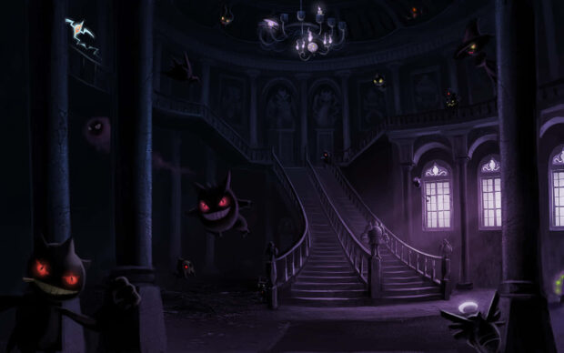 A spooky Pokemon Halloween wallpaper depicting ghost Pokemon haunting a grand mansion with a chandelier and staircase