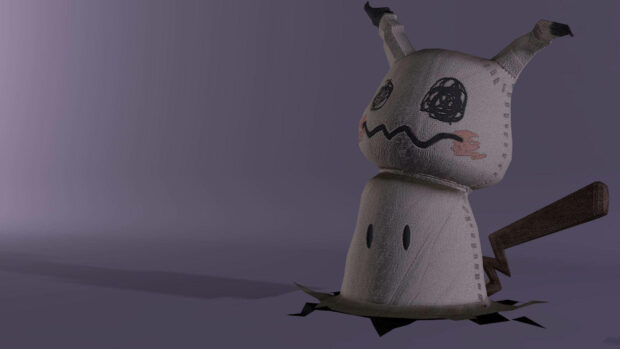 A minimalist Pokemon Halloween wallpaper featuring a 3D rendered Mimikyu plush toy against a plain background