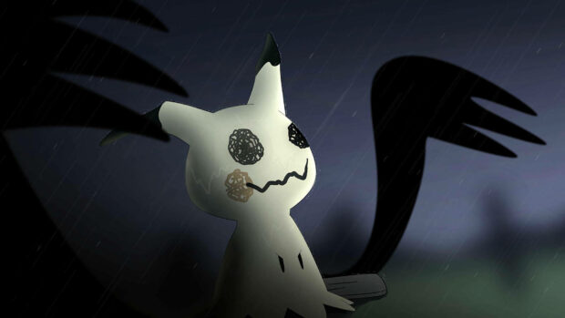 A spooky Pokemon Halloween wallpaper featuring Mimikyu standing in the rain with a dark background