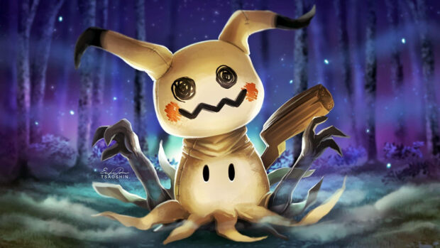 A vibrant Pokemon Halloween wallpaper depicting Mimikyu with glowing eyes and spooky roots in a mystical forest