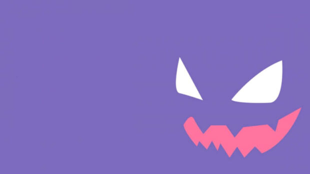 A minimalist Pokemon Halloween wallpaper featuring Gengar's spooky face silhouette on a solid purple background