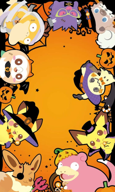 A vibrant Pokemon Halloween Wallpaper featuring multiple costumed Pokemon surrounding an orange center, perfect for mobile devices