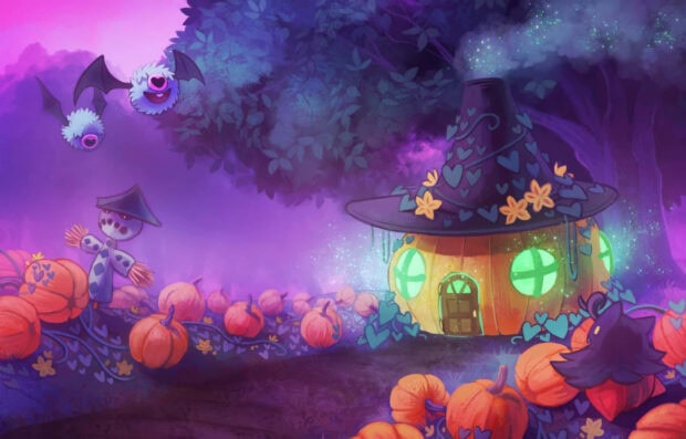 A whimsical Pokemon Halloween wallpaper featuring a pumpkin witch house, a scarecrow, and flying ghost Pokemon in a purple forest
