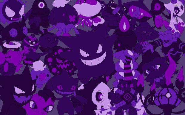 A Pokemon Halloween wallpaper featuring a pattern of various purple ghost type Pokemon like Gengar and Mimikyu