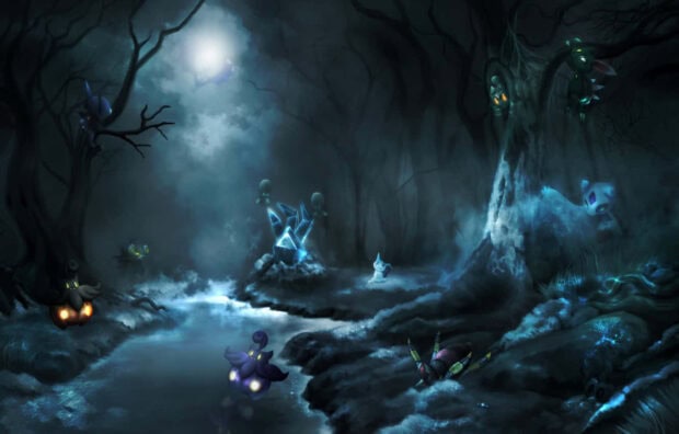 A dark Pokemon Halloween wallpaper featuring ghost Pokemon in a spooky forest with a glowing river under moonlight