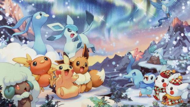 A Pokemon Halloween wallpaper featuring cute Pokemon like Pikachu and Eevee in a snowy winter landscape with aurora borealis
