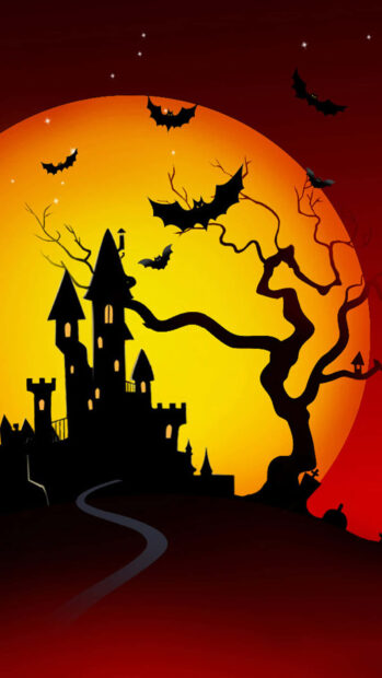 A preppy Halloween wallpaper depicting a spooky castle and twisted tree silhouette against a large, glowing orange full moon with flying bats