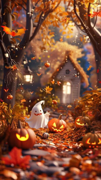 A preppy Halloween wallpaper depicting a cute ghost and glowing pumpkins in an enchanting autumn forest scene