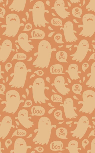 A minimalist preppy Halloween wallpaper pattern with cute light orange ghosts and 
