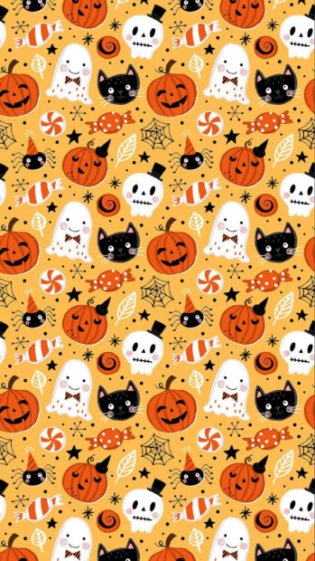 A preppy Halloween wallpaper featuring a cute, colorful pattern of ghosts, black cats, pumpkins, skulls, and candies on an orange background