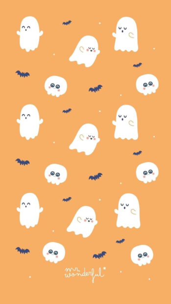 A preppy Halloween wallpaper featuring a cheerful pattern of cute white ghosts and small black bats on a vibrant orange background
