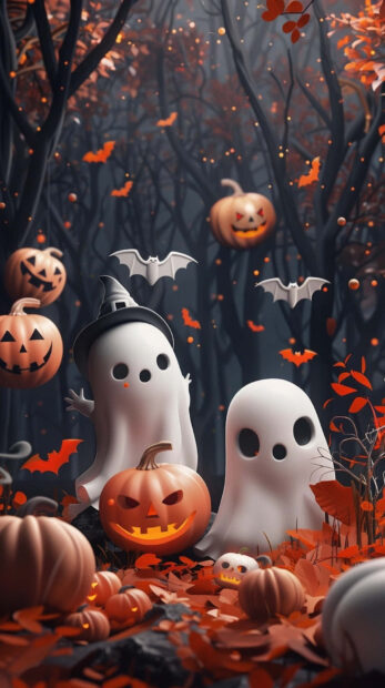 A whimsical preppy Halloween wallpaper depicting cute ghosts and smiling jack-o'-lanterns in a spooky autumn forest with bats