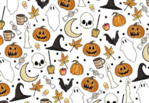 A charming preppy Halloween wallpaper displaying a cute pattern of ghosts, pumpkins, and witch hats on a clean white background