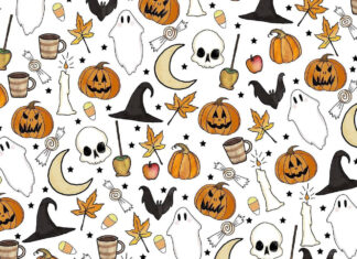 A charming preppy Halloween wallpaper displaying a cute pattern of ghosts, pumpkins, and witch hats on a clean white background