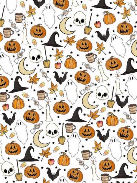 A charming preppy Halloween wallpaper displaying a cute pattern of ghosts, pumpkins, and witch hats on a clean white background