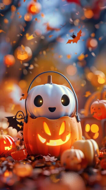 A charming preppy Halloween wallpaper featuring a cute white pumpkin in a jack-o'-lantern bucket with glowing eyes, surrounded by autumn decor