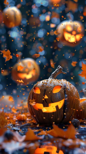 Preppy Halloween Wallpaper showing a textured jack-o'-lantern pumpkin with autumn leaves falling around it