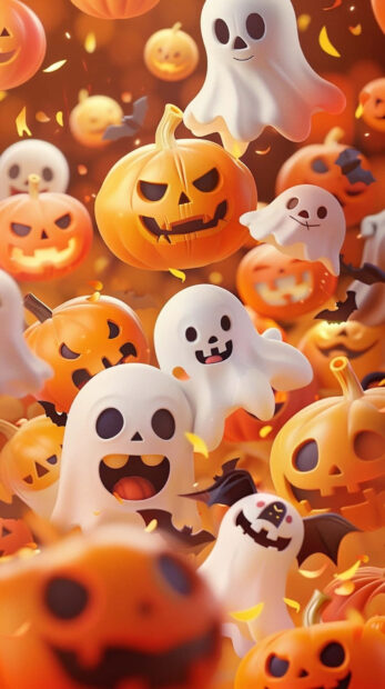 A cheerful preppy Halloween wallpaper featuring numerous cute floating ghosts and smiling jack-o'-lanterns in a vibrant orange background