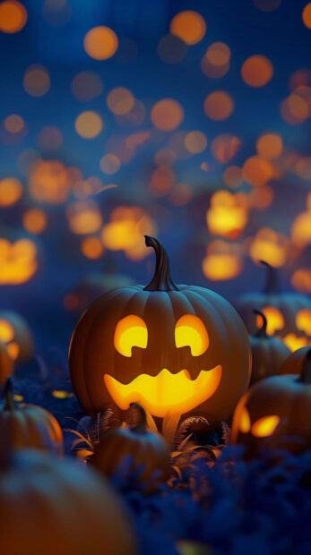 Preppy Halloween Wallpaper featuring a glowing jack-o'-lantern pumpkin surrounded by warm bokeh lights