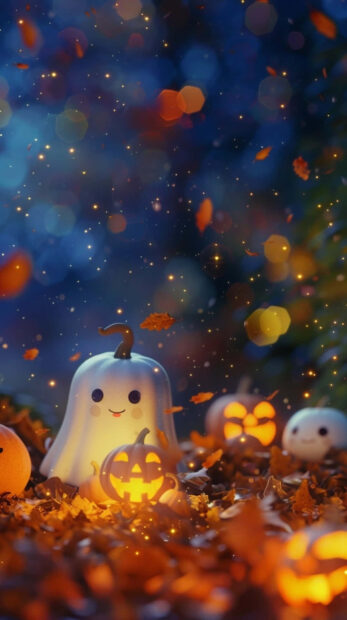 A preppy Halloween wallpaper showing a cute pumpkin ghost and glowing jack-o'-lanterns with festive bokeh lights
