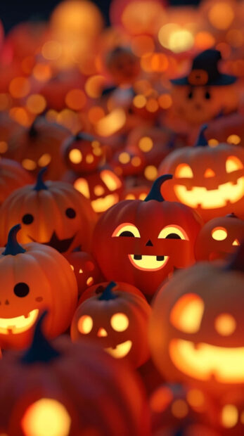 A captivating preppy Halloween wallpaper showcasing many glowing jack-o'-lanterns with a warm bokeh effect