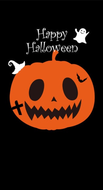 A preppy Halloween wallpaper featuring a bold orange jack-o'-lantern, a small ghost, and 
