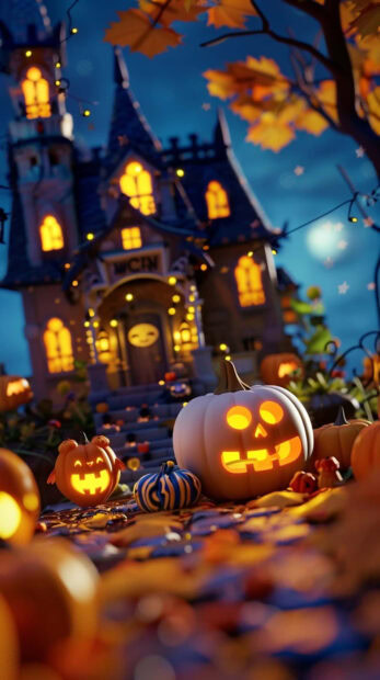Preppy Halloween Wallpaper featuring glowing jack-o'-lanterns in front of a spooky haunted house