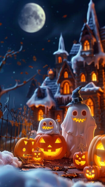 A preppy Halloween wallpaper depicting a haunted house scene with a full moon, glowing jack-o-lanterns, and a cute ghost