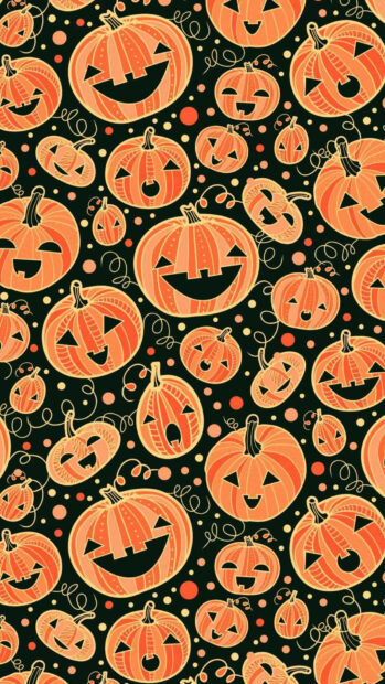A vibrant preppy Halloween wallpaper featuring a seamless pattern of smiling orange jack-o'-lanterns on a dark background
