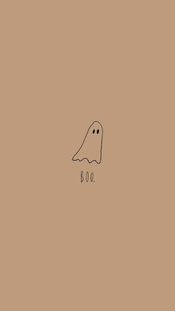A minimalist preppy Halloween wallpaper featuring a simple hand-drawn ghost and the word BOO. on a plain brown background