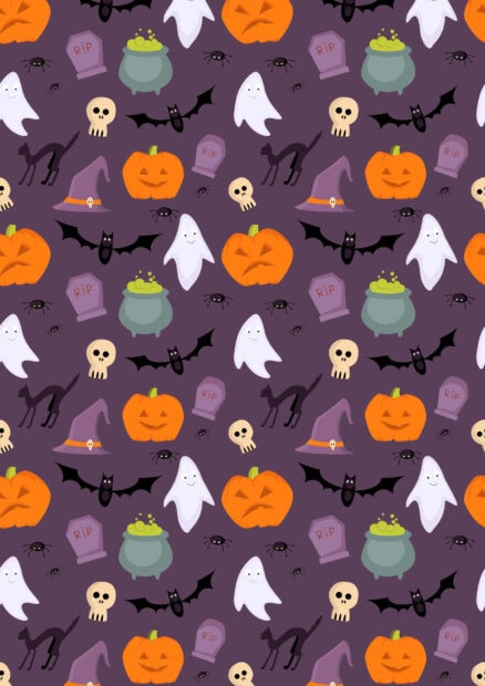 A preppy Halloween wallpaper featuring a seamless pattern of pumpkins, ghosts, witch hats, black cats, bats, and skulls on a dark purple background