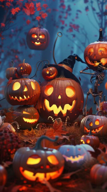 Preppy Halloween Wallpaper showcasing a crowded pumpkin patch scene with jack-o'-lanterns and a skeleton