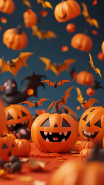 A preppy Halloween wallpaper featuring cheerful smiling jack-o'-lanterns and flying bats against a dark blue background