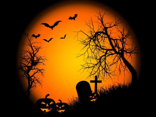 Preppy Halloween Wallpaper depicting a spooky full orange moon with silhouetted bats, bare trees, jack-o'-lanterns, and a tombstone