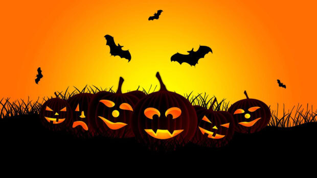 Preppy Halloween Wallpaper illustration showing jack-o'-lanterns and bats flying against a vibrant orange sunset