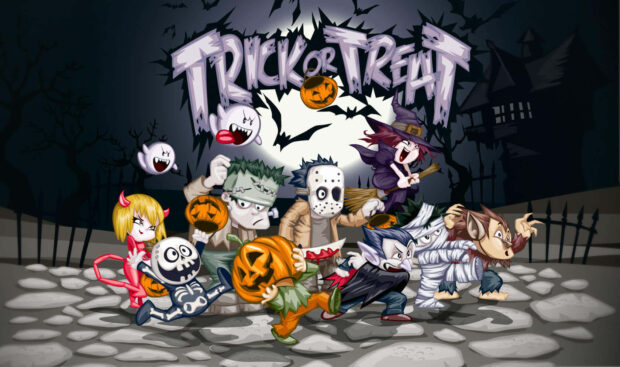 Preppy Halloween Wallpaper featuring various cartoon monsters and ghosts trick-or-treating under a 
