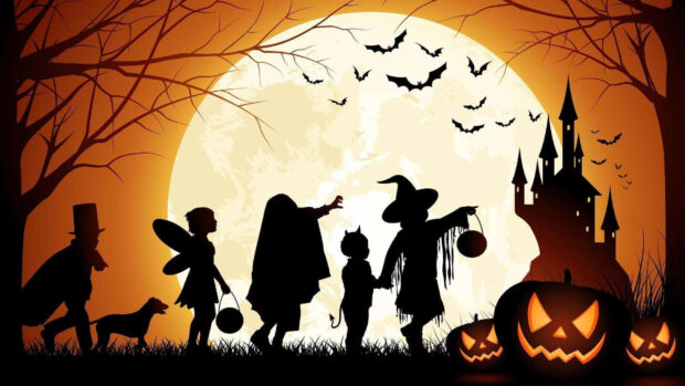 Preppy Halloween Wallpaper showing silhouettes of children trick-or-treating with a dog in front of a full moon, haunted castle, and glowing jack-o'-lanterns